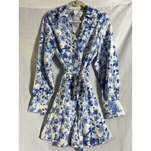 H&M Shirt Dress Woman's L Blue White Button Down Floral Print Belted